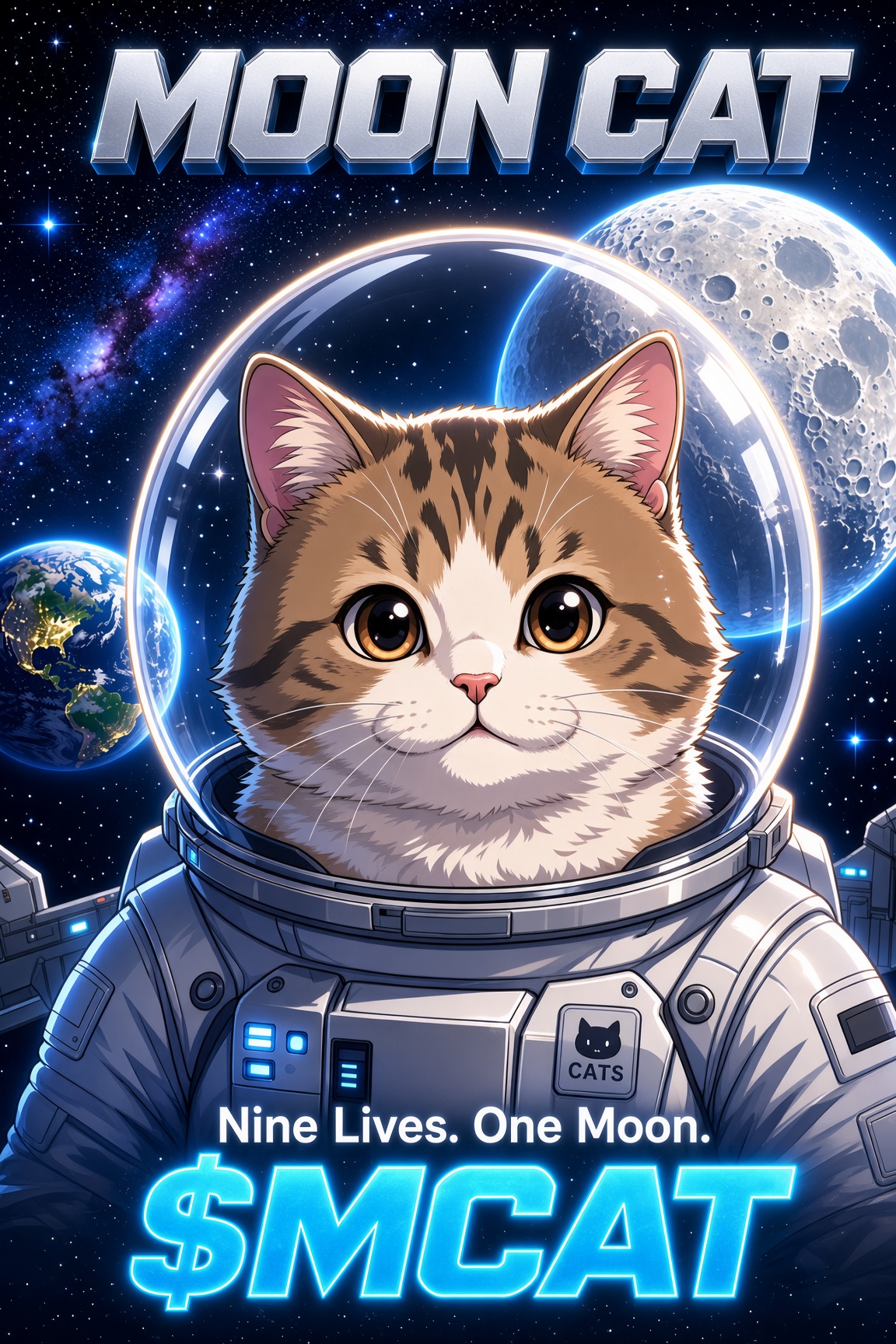 Astronaut cat floating through a star-filled space scene